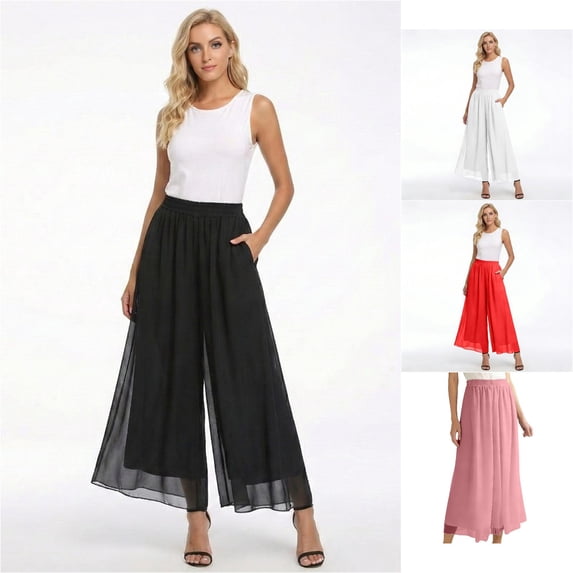 Xiaoxatg Women's Pants, Plus Size Satin Chiffon Palazzo Pants with High Rise Waist Cropped Wide Leg Everyday Resort for Spring Summer Autumn Black XL