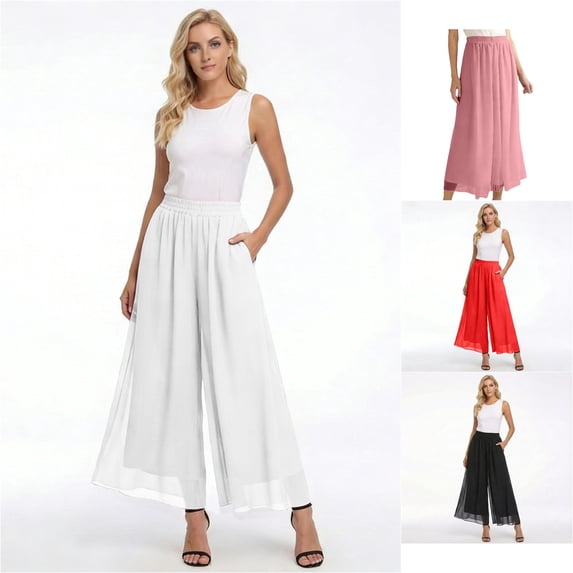 Xiaoxatg Women's Pants, Plus Size Satin Chiffon Palazzo Pants with High Rise Waist Cropped Wide Leg Everyday Resort for Spring Summer Autumn White L