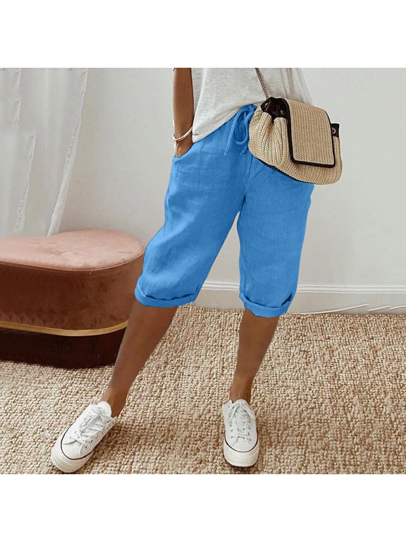 Women's Pants, Women's Casual Pants Comfort with Large Front Pocket Capris Elastic Waist Solid Style for Modern Women Blue XXL
