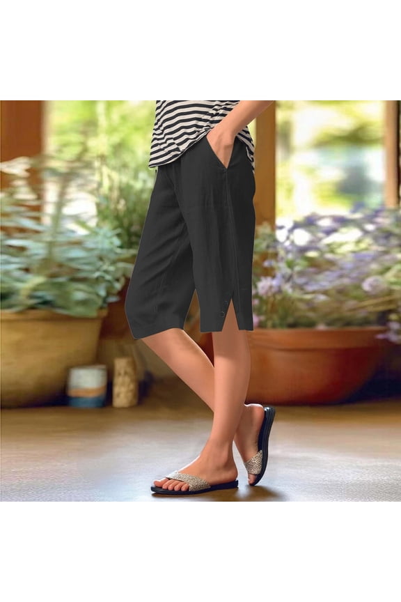 Women's Pants, Women's Casual Pants Modern Lightweight Knee Length Shorts for Women with Pockets Breathable Summer Black M