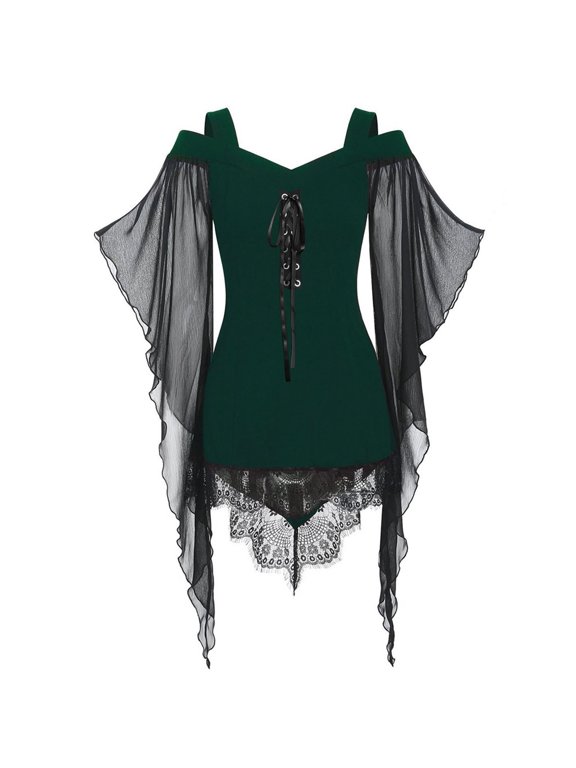 Women's Renaissance Top Gothic Lace Stitching Strapless Blouse Style Green M