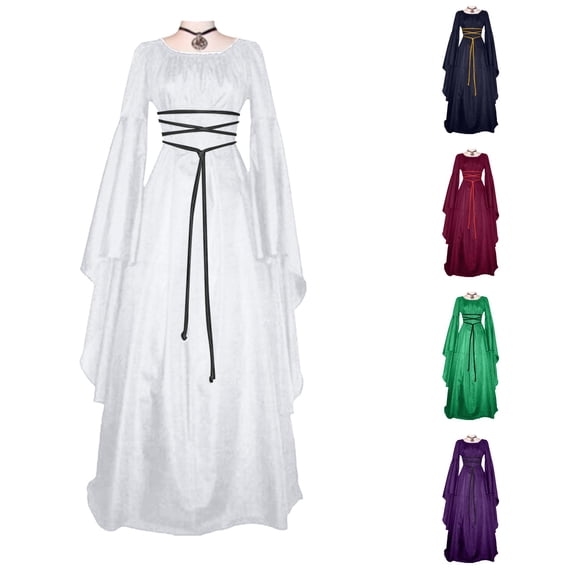 Xiaoxatg Womens Halloween Costume Maxi Dress Retro Gothic Gown Long Sleeve Lace Up Cosplay Evening Party Prom Dress White S