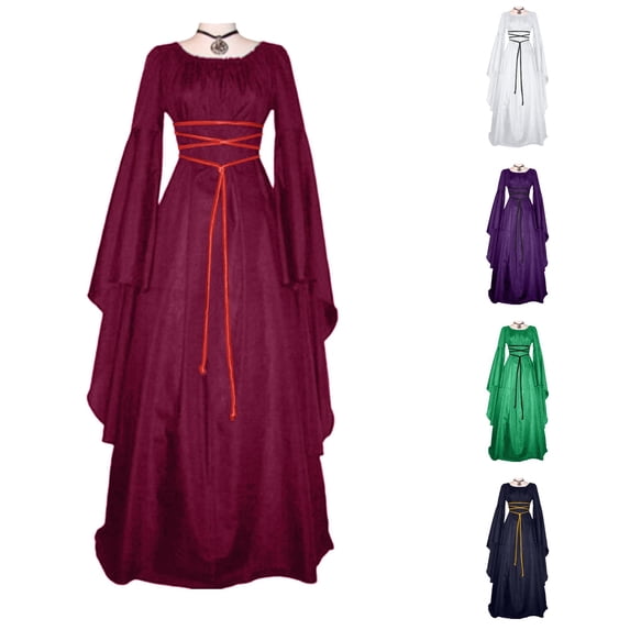 Xiaoxatg Womens Halloween Costume Maxi Dress Retro Gothic Gown Long Sleeve Lace Up Cosplay Evening Party Prom Dress Wine XL