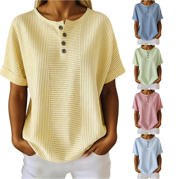 Xiaoxatg Womens T Shirts, Casual Solid Color Button Front Short Sleeve Top with Striped Detail for Everyday Wear Womens T-Shirts Yellow S