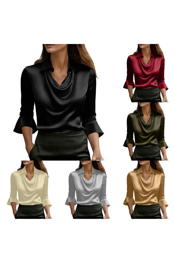 Womens T Shirts,Elegant Satin Blouse with Asymmetrical Lapel and Flared Sleeves for Daily Wear Casual Tunic Top for Spring and SummerBlackM