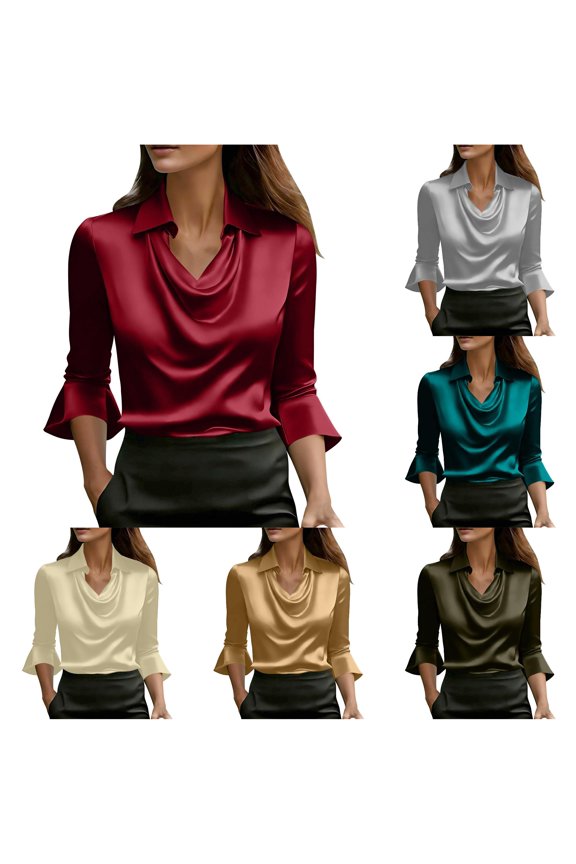 Womens T Shirts,Elegant Satin Blouse with Asymmetrical Lapel and Flared Sleeves for Daily Wear Casual Tunic Top for Spring and SummerRedXXL