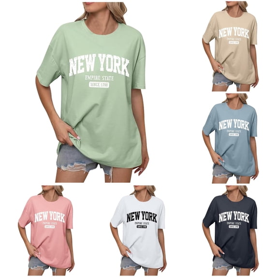 Xiaoxatg Womens T Shirts,Women's T-Shirt for Women Casual Summer English Letter Print Loose Shoulder Round Neck Short Sleeves TopGreenL