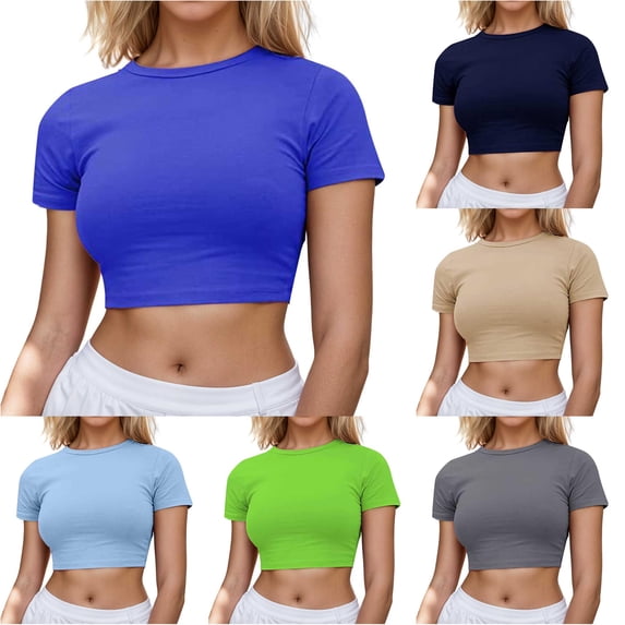 Xiaoxatg Womens T Shirts,Women's T-Shirts Casual Short Sleeve Crop Top with Round Neck for Spring Summer Basic Solid Style Women's Tops Blue S