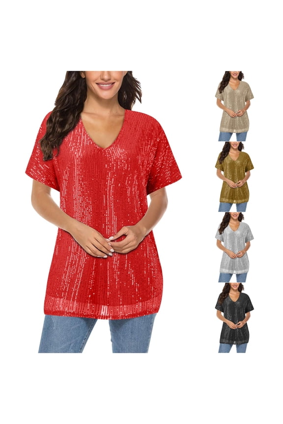Womens T Shirts,Women's T-Shirts Women Plus Size Sparkly Sequin Blingbling V Neck Short Sleeve Loose Top Tee Shirt Red M