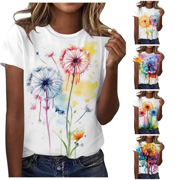 Xiaoxatg Womens T Shirts,Women's T-Shirts and Title Women's AB Print Round Neck Short Sleeve Top Short Sleeve T Shirt Purple M