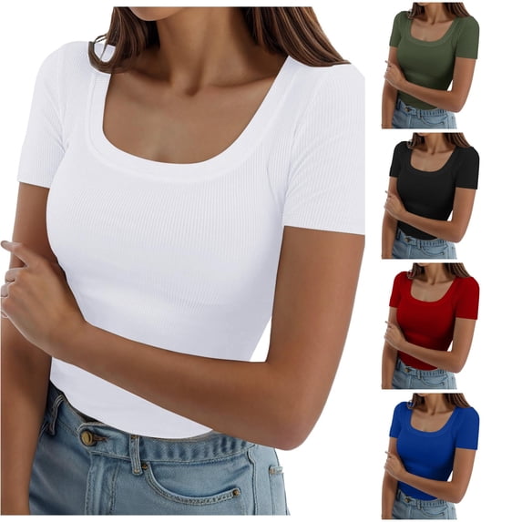 Xiaoxatg Womens T Shirts,Women's Top Modern Square Neck Ribbed Fit Tee for Warm Weather Casual Style Blend Comfort Everyday TShirt for Women White XXXL