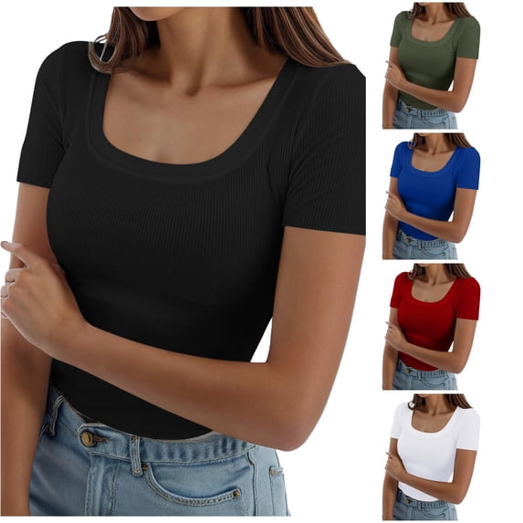 Xiaoxatg Womens T Shirts,Women's Top Modern Square Neck Ribbed Fit Tee for Warm Weather Casual Style Blend Comfort Everyday TShirt for Women Black M