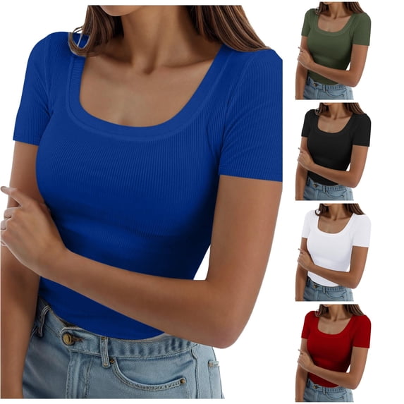 Xiaoxatg Womens T Shirts,Women's Top Modern Square Neck Ribbed Fit Tee for Warm Weather Casual Style Blend Comfort Everyday TShirt for Women Blue XL