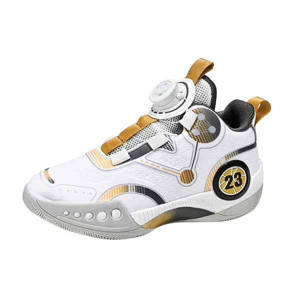 Xiaoxatg Youth Mesh Basketball Sports Shoes for Boys with Rotating Button Technology Durable Lightweight Athletic Footwear 13.5-14 Years Gold
