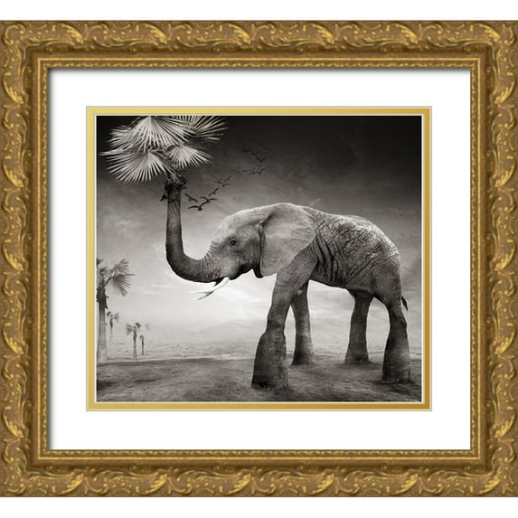 XibiaoHuang 22x20 Gold Ornate Wood Framed with Double Matting Museum Art Print Titled - The story of elephants