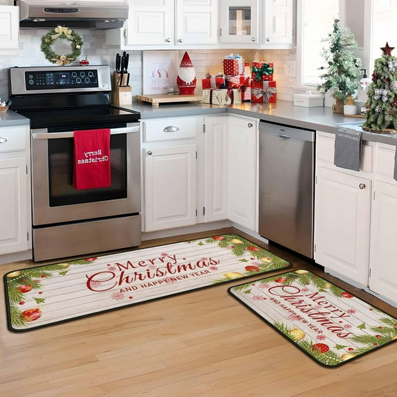 Xidingyue Merry Christmas Kitchen Rugs and Mats Set 2 PCS, Christmas Indoor Floor Mats for Winter, Xmas Door Mat Runner Rug Mat for Kitchen Home Decor (17"x47"+17"x30",Merry Christmas)