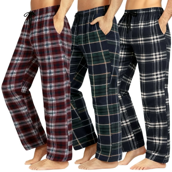 Xidunhg Men's 3-Pack Comfortable Pajama Pants, Cotton Blend Flannel Plaid Sleep and Lounge Bottoms with Pockets