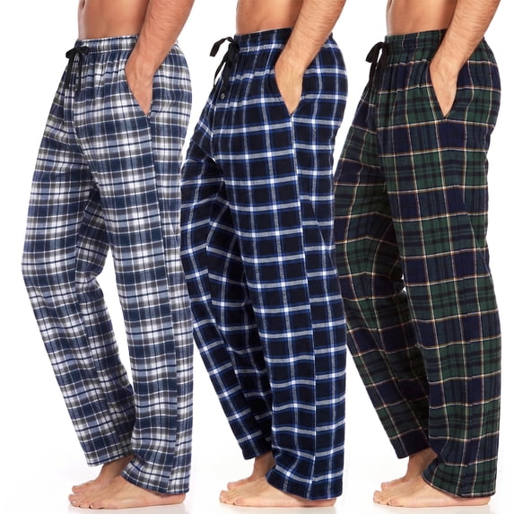 Xidunhg Men's 3-Pack Comfortable Pajama Pants, Cotton Blend Flannel Plaid Sleep and Lounge Bottoms with Pockets