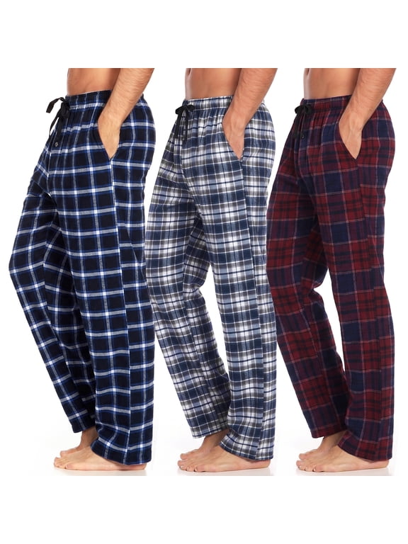 Men's 3-Pack Comfortable Pajama Pants, Cotton Blend Flannel Plaid Sleep and Lounge Bottoms with Pockets
