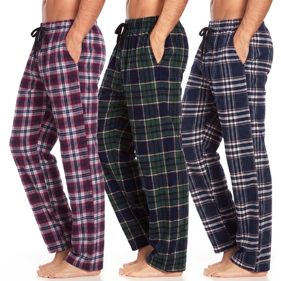 Xidunhg Men's 3-Pack Comfortable Pajama Pants, Cotton Blend Flannel Plaid Sleep and Lounge Bottoms with Pockets