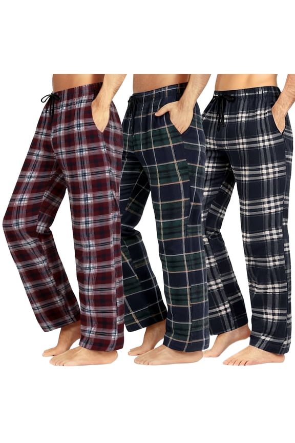 Men's 3-Pack Comfortable Pajama Pants, Cotton Blend Flannel Plaid Sleep and Lounge Bottoms with Pockets
