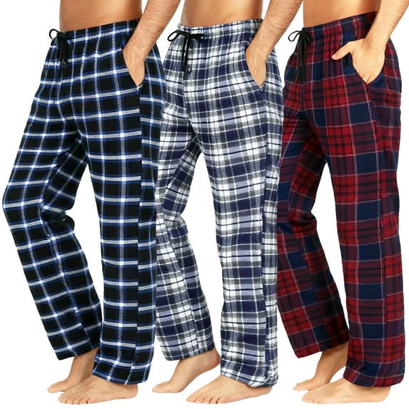 Xidunhg Men's 3-Pack Comfortable Pajama Pants, Cotton Blend Flannel Plaid Sleep and Lounge Bottoms with Pockets