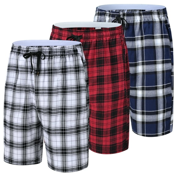 Xidunhg Men's 3-Pack Woven Pajama Shorts 100% Cotton Plaid Sleep Lounge Shorts with Button Fly 2XL