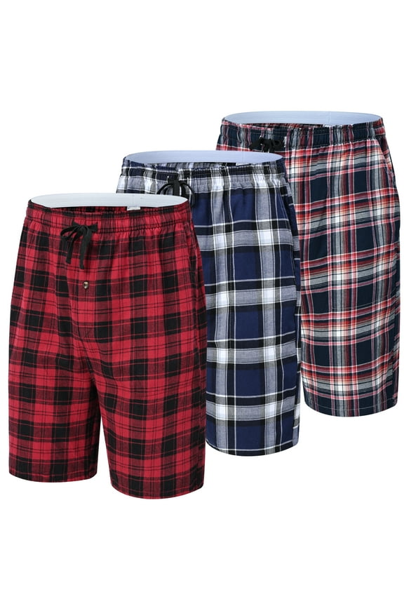 Men's 3-Pack Woven Pajama Shorts 100% Cotton Plaid Sleep Lounge Shorts with Button Fly L