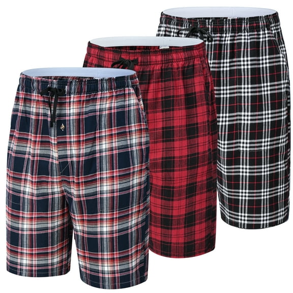 Xidunhg Men's 3-Pack Woven Pajama Shorts 100% Cotton Plaid Sleep Lounge Shorts with Button Fly L