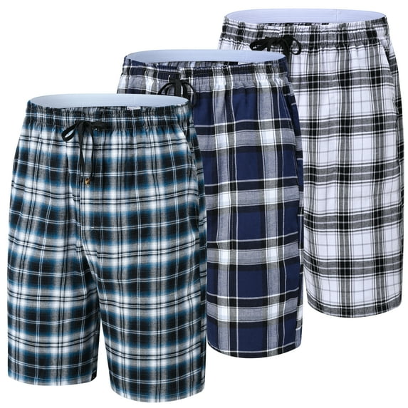 Xidunhg Men's 3-Pack Woven Pajama Shorts 100% Cotton Plaid Sleep Lounge Shorts with Button Fly L