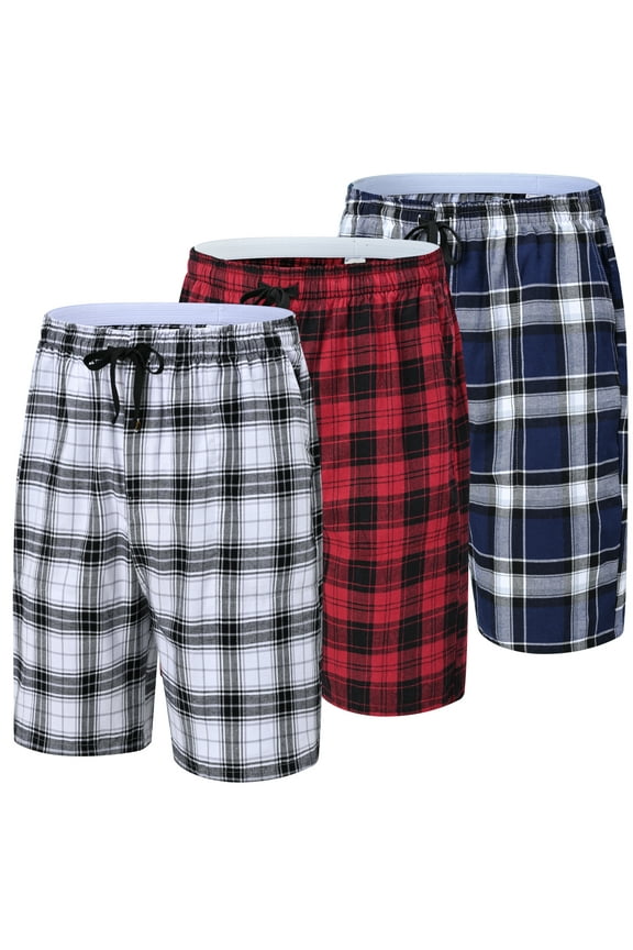Men's 3-Pack Woven Pajama Shorts 100% Cotton Plaid Sleep Lounge Shorts with Button Fly M