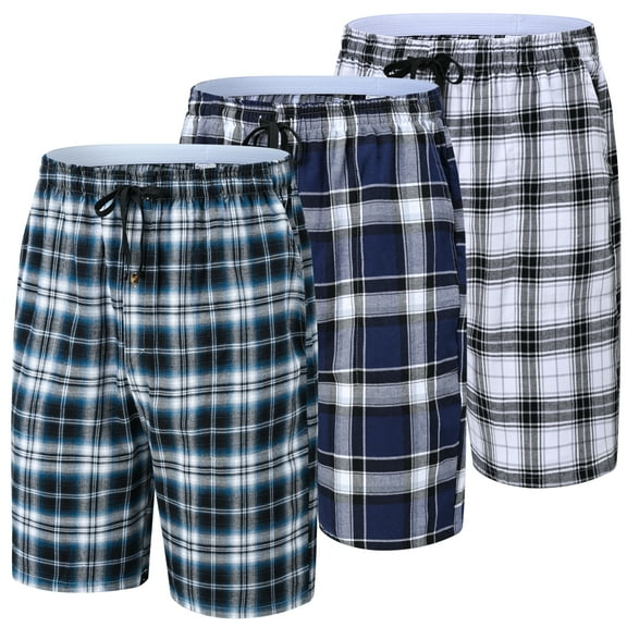 Xidunhg Men's 3-Pack Woven Pajama Shorts 100% Cotton Plaid Sleep Lounge Shorts with Button Fly S