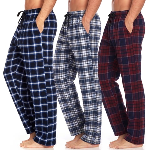Xidunhg Men's 3-Pack Comfortable Pajama Pants, Cotton Blend Flannel Plaid Sleep and Lounge Bottoms with Pockets