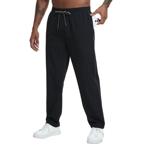 Xidunhg Men's Black Sweatpants, Grey Contrast Side Stripe, Quick Dry Straight Leg Gym Casual Pants with Zipper Pockets