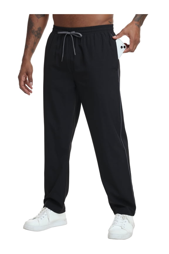Men's Black Sweatpants, Grey Contrast Side Stripe, Quick Dry Straight Leg Gym Casual Pants with Zipper Pockets