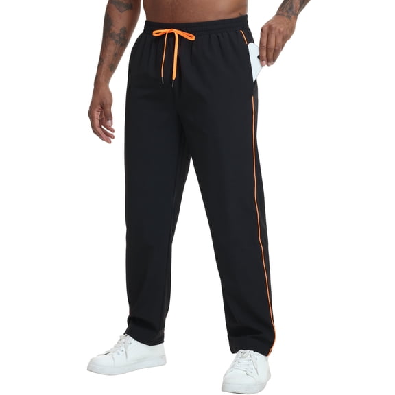 Xidunhg Men's Black Sweatpants, Neon Orange Contrast Side Stripe, Quick Dry Straight Leg Gym Casual Pants with Zipper Pockets