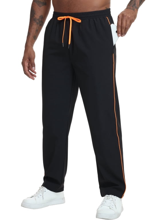 Men's Black Sweatpants, Neon Orange Contrast Side Stripe, Quick Dry Straight Leg Gym Casual Pants with Zipper Pockets