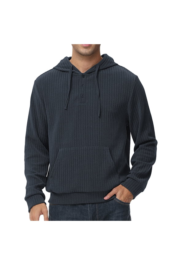 Mens Hooded Henley Sweatshirt Casual Long Sleeve Drawstring Waffle Knit Pullover Hoodies Dark Grey M