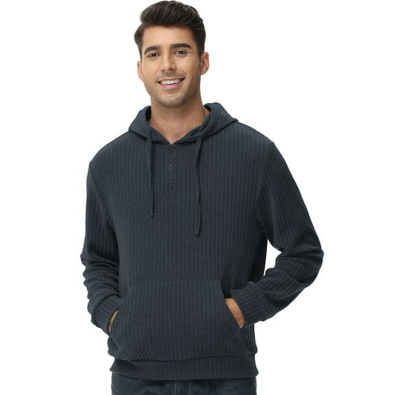 Xidunhg Mens Hooded Henley Sweatshirt Casual Long Sleeve Drawstring Waffle Knit Pullover Hoodies Dark Grey XL