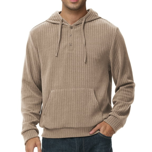 Xidunhg Mens Hooded Henley Sweatshirt Casual Long Sleeve Drawstring Waffle Knit Pullover Hoodies Khaki M