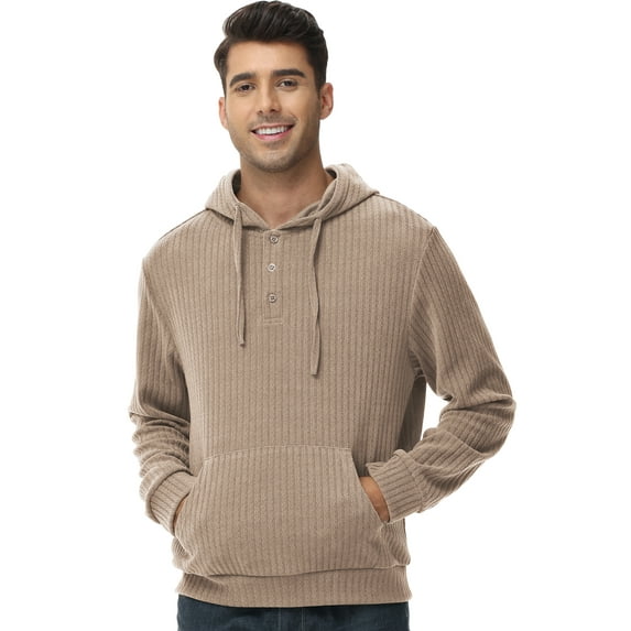 Xidunhg Mens Hooded Henley Sweatshirt Casual Long Sleeve Drawstring Waffle Knit Pullover Hoodies Khaki XL