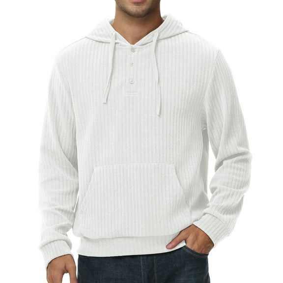 Xidunhg Mens Hooded Henley Sweatshirt Casual Long Sleeve Drawstring Waffle Knit Pullover Hoodies White L