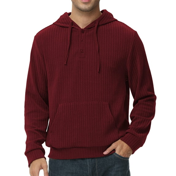 Xidunhg Mens Hooded Henley Sweatshirt Casual Long Sleeve Drawstring Waffle Knit Pullover Hoodies Wine Red XL