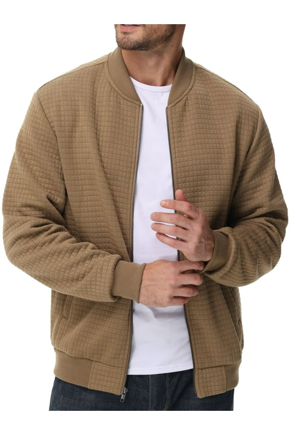 Men's Casual Varsity Bomber Jacket Lightweight Outerwear Jackets Waffle Zip up Fashion Coat Khaki M
