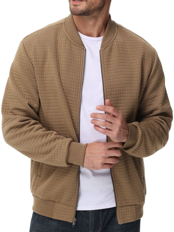 Men's Casual Varsity Bomber Jacket Lightweight Outerwear Jackets Waffle Zip up Fashion Coat Khaki S