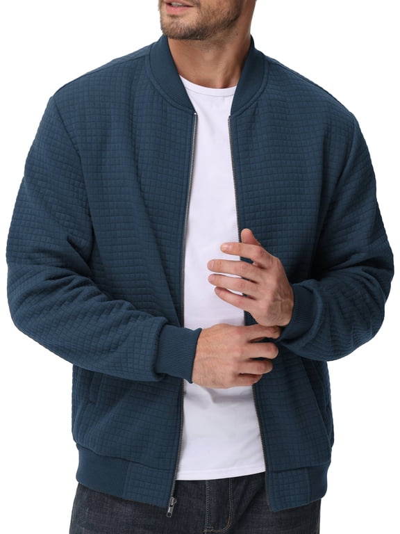Men's Casual Varsity Bomber Jacket Lightweight Outerwear Jackets Waffle Zip up Fashion Coat Mist Blue L