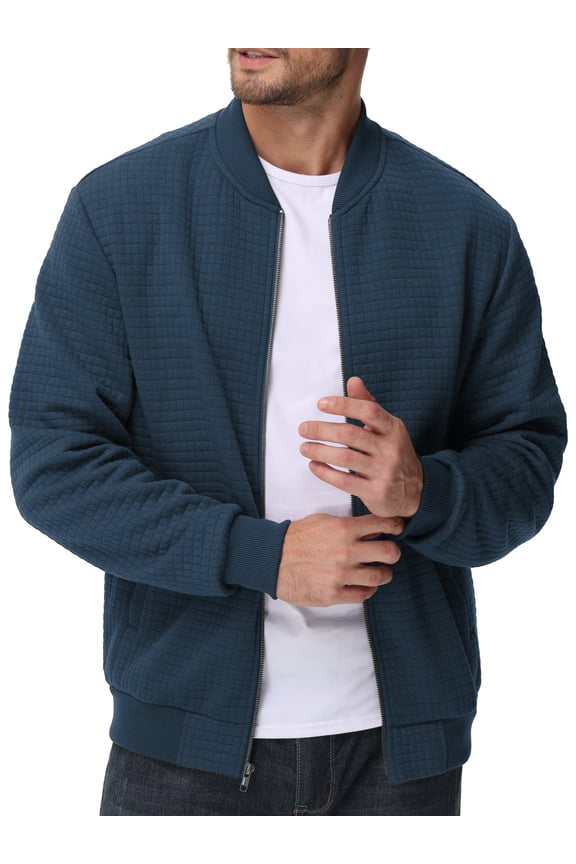 Men's Casual Varsity Bomber Jacket Lightweight Outerwear Jackets Waffle Zip up Fashion Coat Mist Blue M