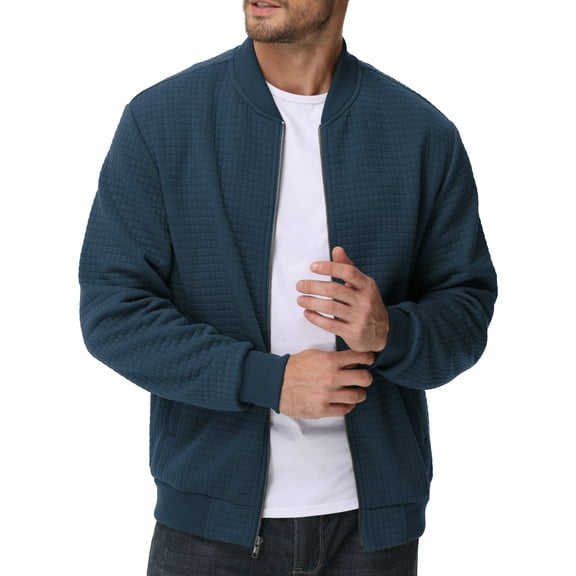 Xidunhg Men's Casual Varsity Bomber Jacket Lightweight Outerwear Jackets Waffle Zip up Fashion Coat Mist Blue S