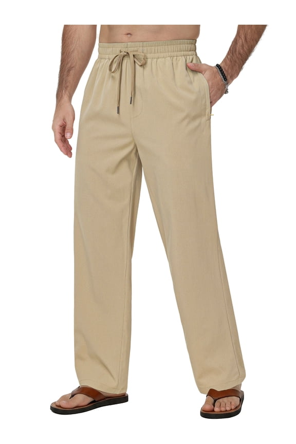 Men's Linen Pants Casual Beach Summer Pant Elastic Waist Drawstring Lightweight Trousers