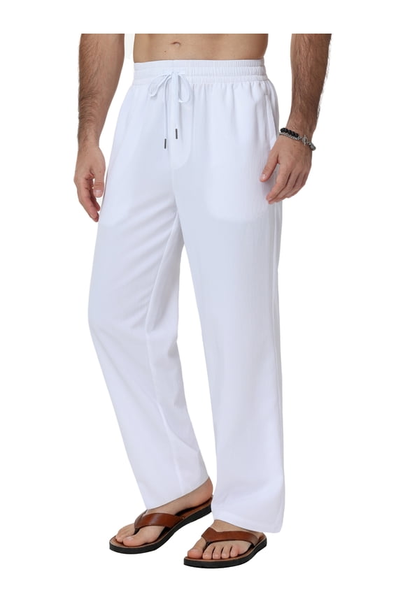 Men's Linen Pants Casual Beach Summer Pant Elastic Waist Drawstring Lightweight Trousers
